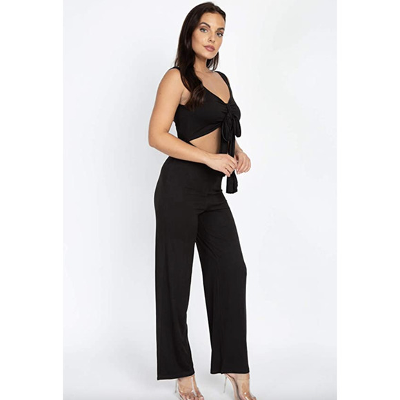 Capella Long Jumpsuit Women's Size M Black Open Front Tie Wide Leg Stretch - Picture 1 of 10